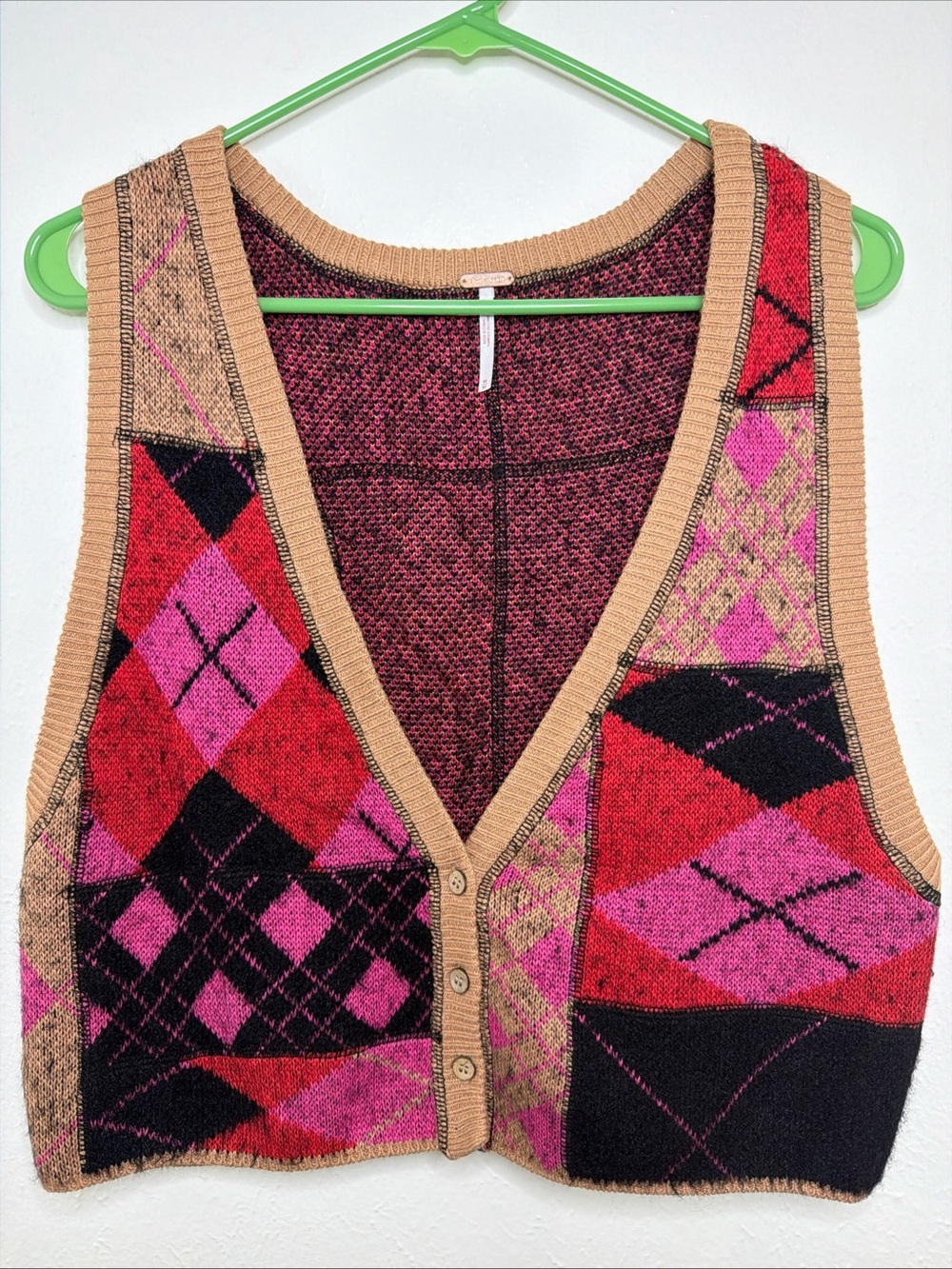 Free People Camilla Argyle Patchwork Knit Cropped Sweater Vest V-Neck Size M